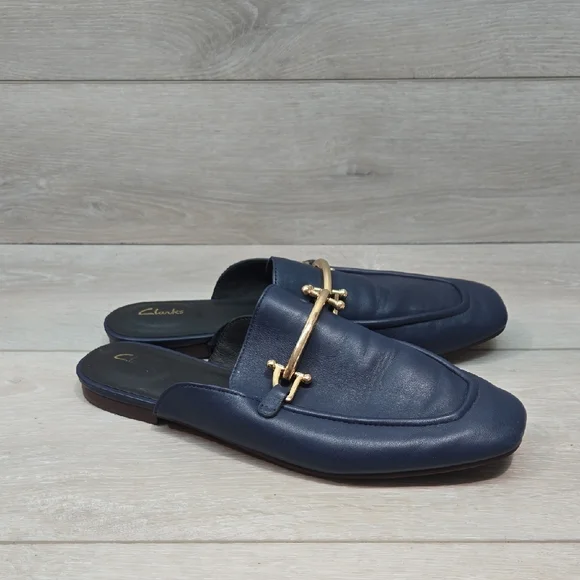 Clarks | Shoes | Clarks Women Pure 2 Navy Loafers With Gold Accent Mule  Slip On Shoes Sz 8m | Poshmark